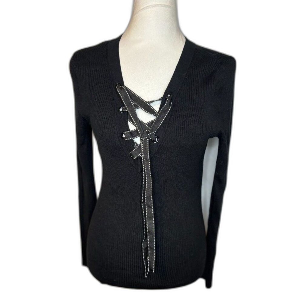 INC Black Ribbed Knit Lace-Up V-Neck Long Sleeve Top M